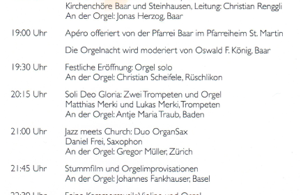 Konzerte können einzeln besucht werden. 
Um 19:30 spielt Rotarier Christian Schirlo, RC Zürich au Lac